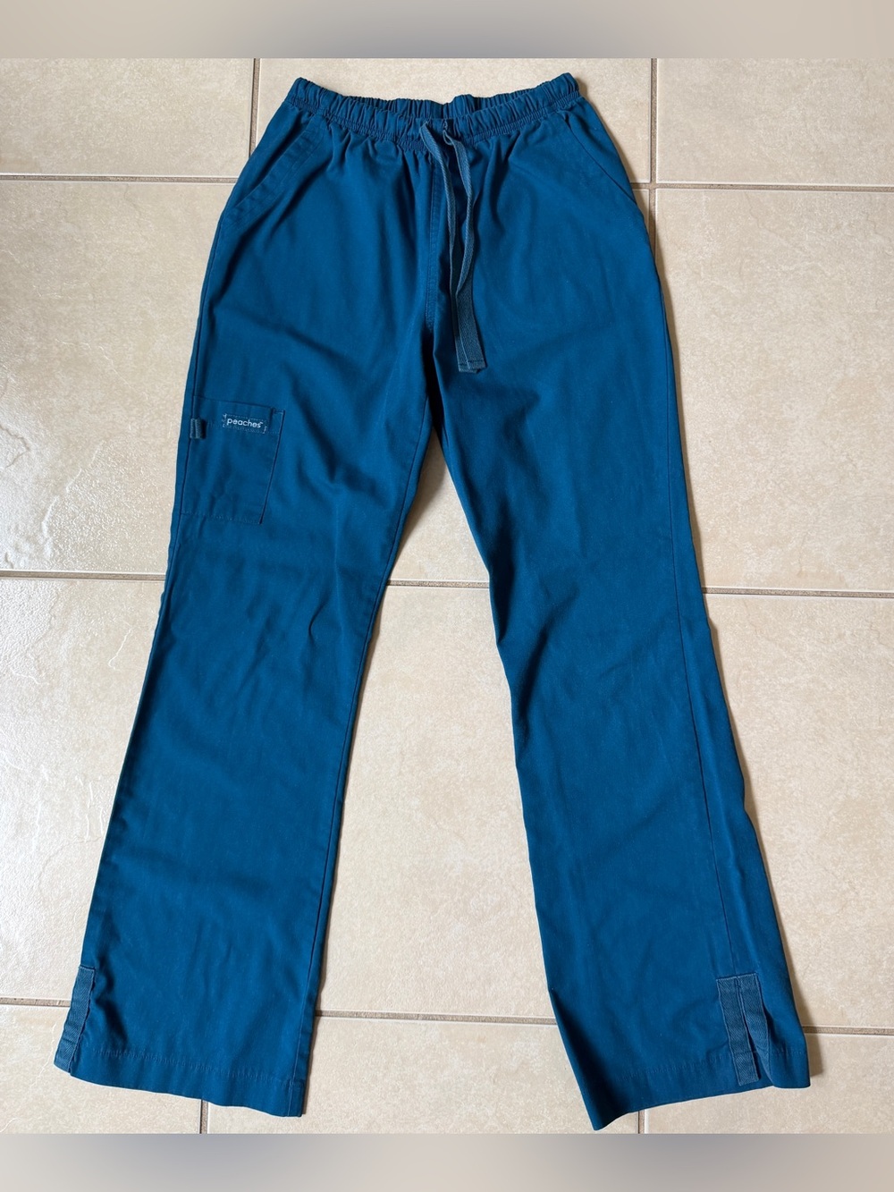 Med Couture Peaches Women's Scrub Pants XS Teal Blue Cargo Pockets Drawstring